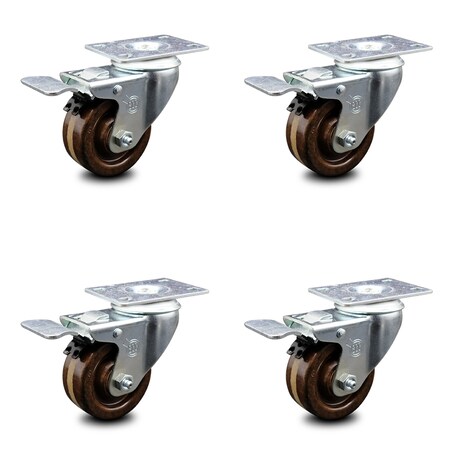 High Temperature Phenolic Swivel Top Plate Caster Set of 4 with Roller Bearings-3 Inch Wheels-Includes 4 Swivel with Total Lock Brakes-1200 lbs. Total Capacity - Service Caster Brand